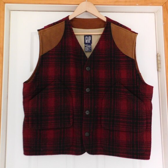 Vintage Gap Wool Blend Vest Hunting Red Buffalo Plaid Leather Size Large - Picture 6 of 6